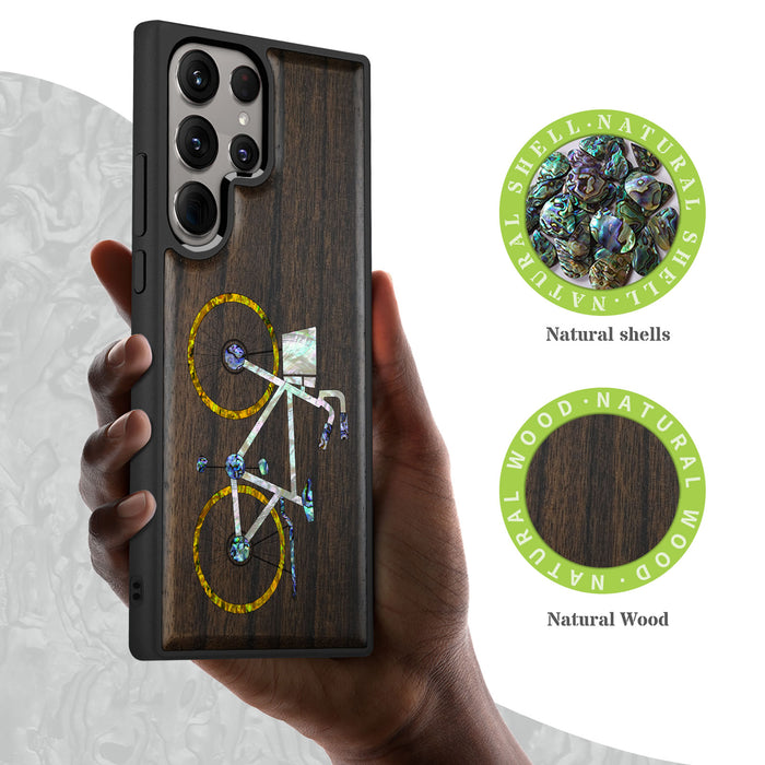 Classic Bicycle Silhouette, Hand-Inlaid Wood & Mother of Pearl Case - Artisanal Cover for Samsung Galaxy