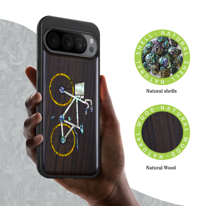 Classic Bicycle Silhouette, Hand-Inlaid Wood & Mother of Pearl Case - Artisanal Cover for Google Pixel
