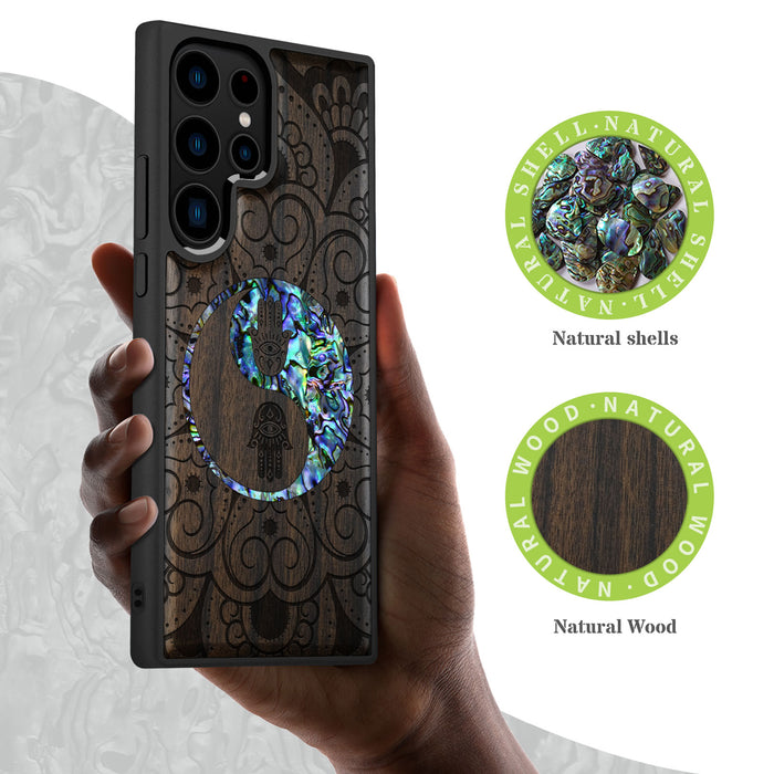 Tranquil Harmony Mandala, Hand-Inlaid Wood & Mother of Pearl Case - Artisanal Cover for Samsung Galaxy