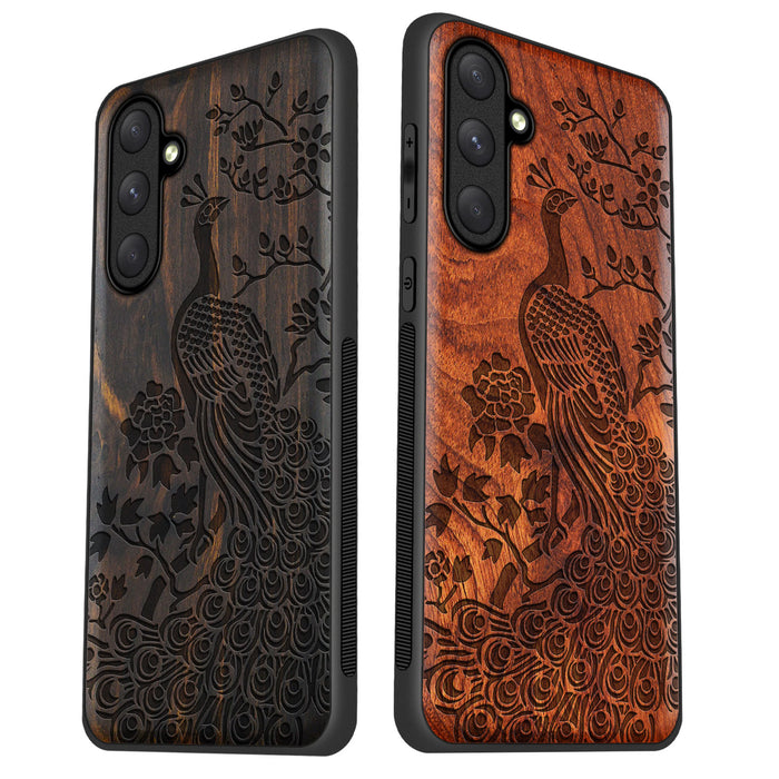 The Majestic Asian Peacock, Classic Engraved Wood & TPU Case - Artisanal Cover for Samsung Galaxy