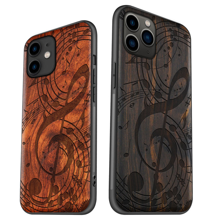 The Grand Clef and Musical Notes, Classic Engraved Wood & TPU Case - Artisanal Cover for Apple iPhone