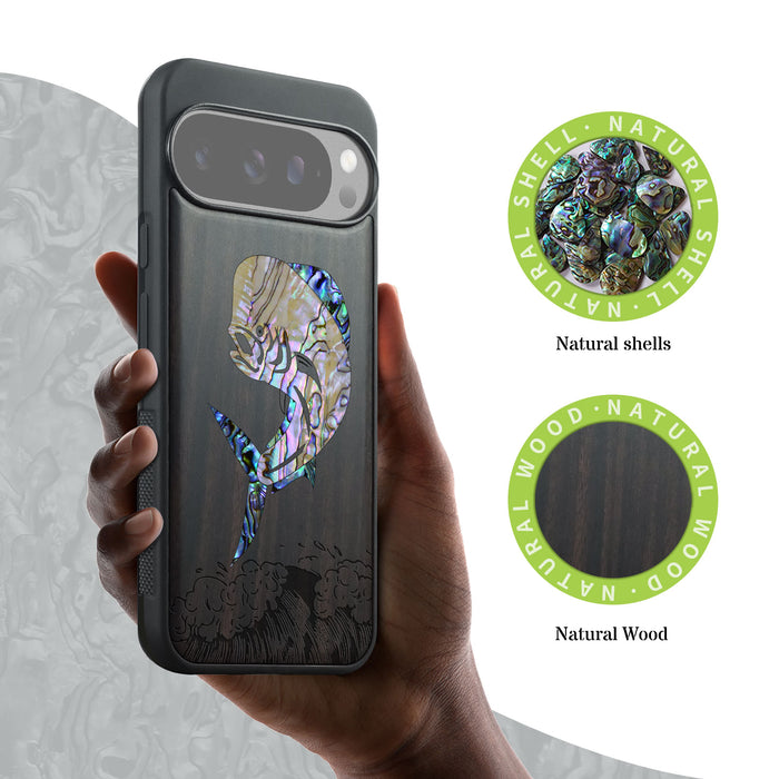 The Majestic Mahi-Mahi, Hand-Inlaid Wood & Mother of Pearl Case - Artisanal Cover for Google Pixel