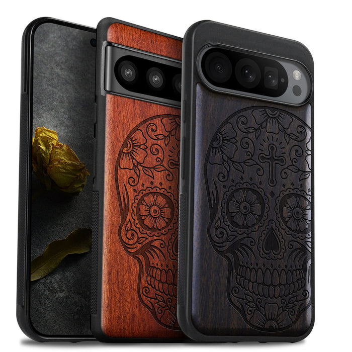 The Dia de los Muertos Sugar Skul, Classic Engraved Wood & TPU Case - Artisanal Cover for Google Pixel