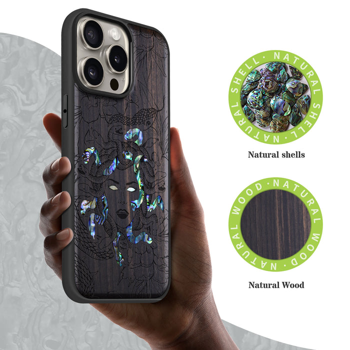 The Medusa Enigma, Hand-Inlaid Wood & Mother of Pearl Case - Artisanal Cover for Apple iPhone