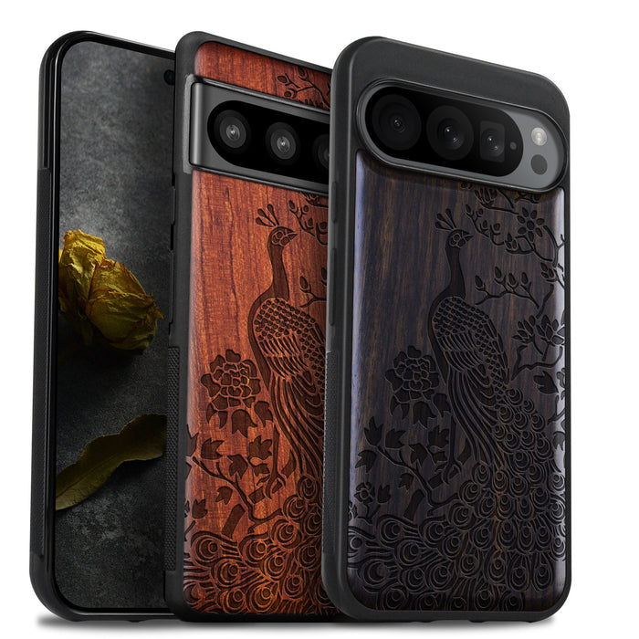 The Majestic Asian Peacock, Classic Engraved Wood & TPU Case - Artisanal Cover for Google Pixel