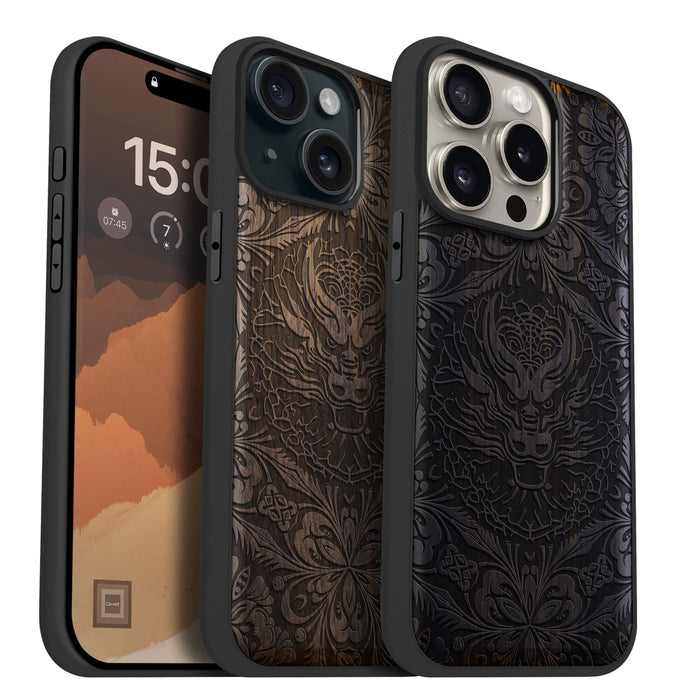 The Dragon's Gaze Mandala, Classic Engraved Wood & TPU Case - Artisanal Cover for Apple iPhone