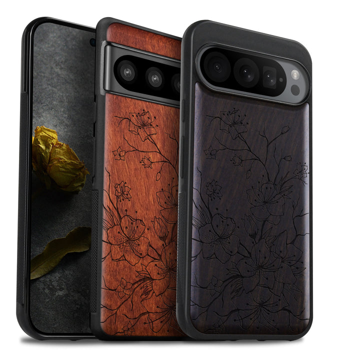 Sakura Sketch, Classic Engraved Wood & TPU Case - Artisanal Cover for Google Pixel