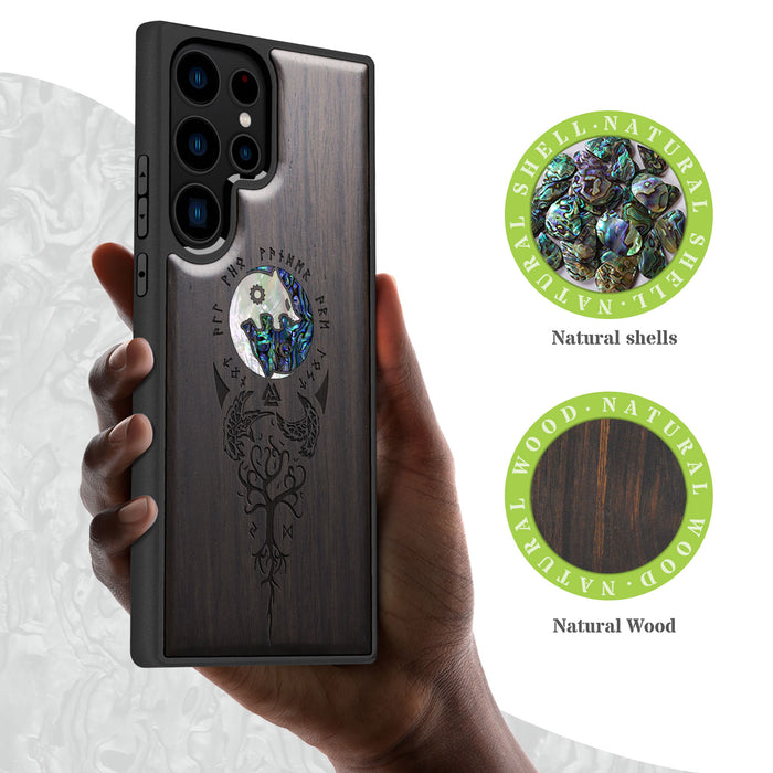 Vegvísir, Ravens, and Yggdrasil, Hand-Inlaid Wood & Mother of Pearl Case - Artisanal Cover for Samsung Galaxy