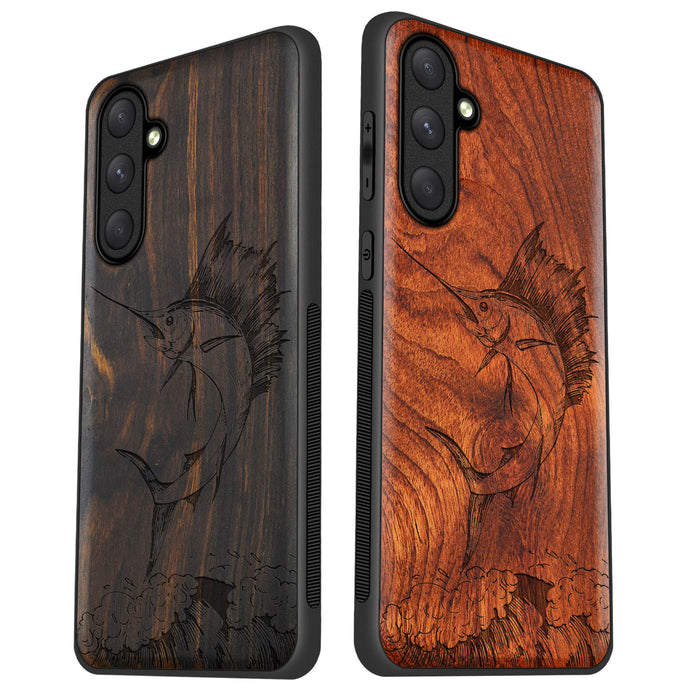 The Soaring Marlin, Classic Engraved Wood & TPU Case - Artisanal Cover for Samsung Galaxy