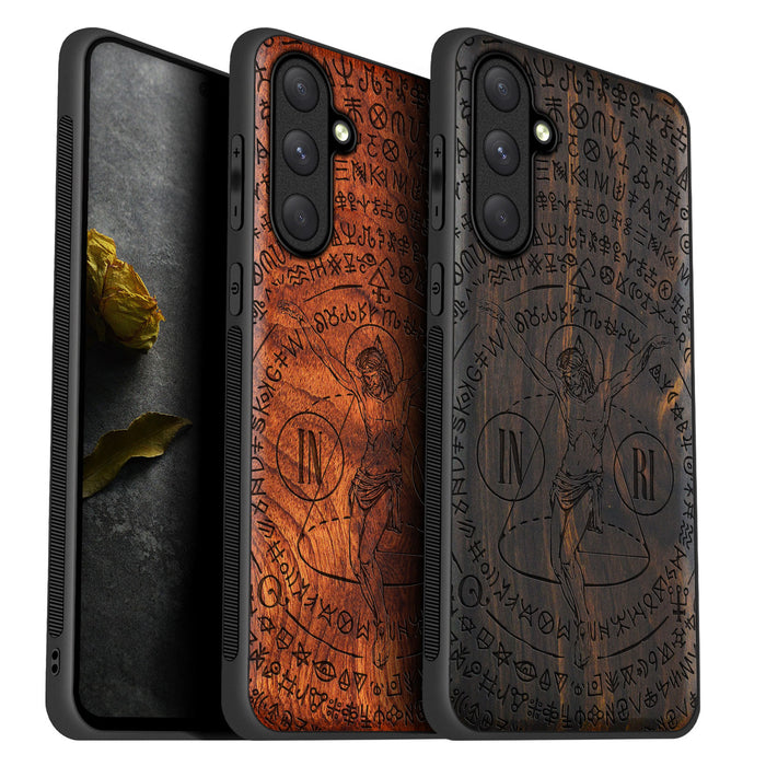 The Crucifix Amidst Enigmatic Symbols, Classic Engraved Wood & TPU Case - Artisanal Cover for Samsung Galaxy