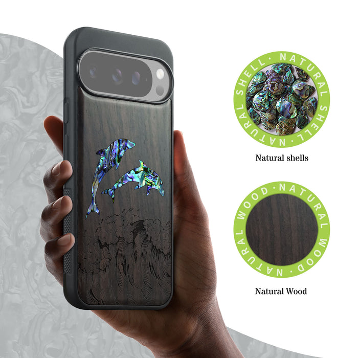 Dual Dolphins in the Waves, Hand-Inlaid Wood & Mother of Pearl Case - Artisanal Cover for Google Pixel