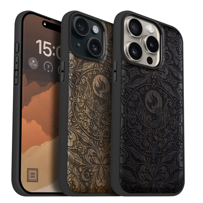 The Phoenix Mandala, Classic Engraved Wood & TPU Case - Artisanal Cover for Apple iPhone