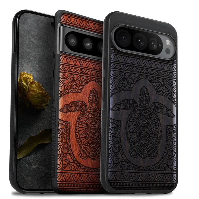 The Enigmatic Turtle, Classic Engraved Wood & TPU Case - Artisanal Cover for Google Pixel