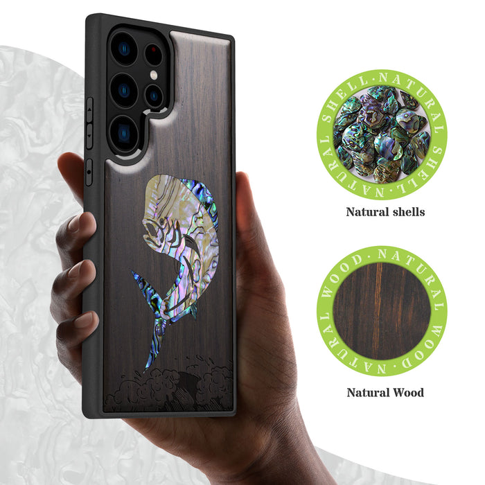 The Majestic Mahi-Mahi, Hand-Inlaid Wood & Mother of Pearl Case - Artisanal Cover for Samsung Galaxy