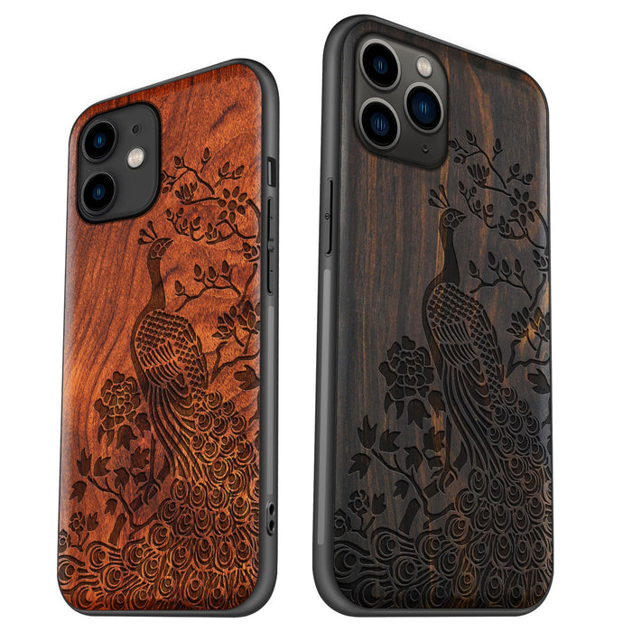 The Majestic Asian Peacock, Classic Engraved Wood & TPU Case - Artisanal Cover for Apple iPhone