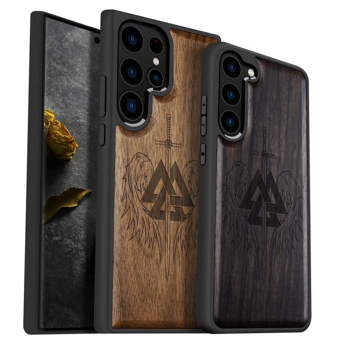 Valknut and Sword, Classic Engraved Wood & TPU Case - Artisanal Cover for Samsung Galaxy