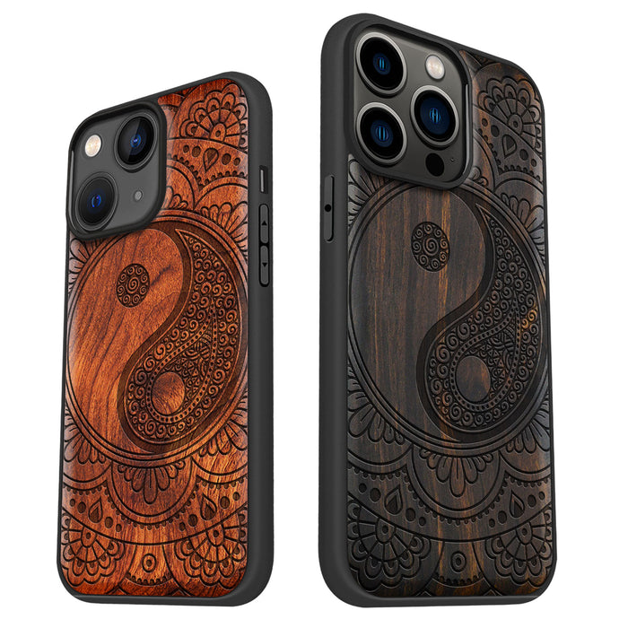 The Yin-Yang Mandala, Classic Engraved Wood & TPU Case - Artisanal Cover for Apple iPhone