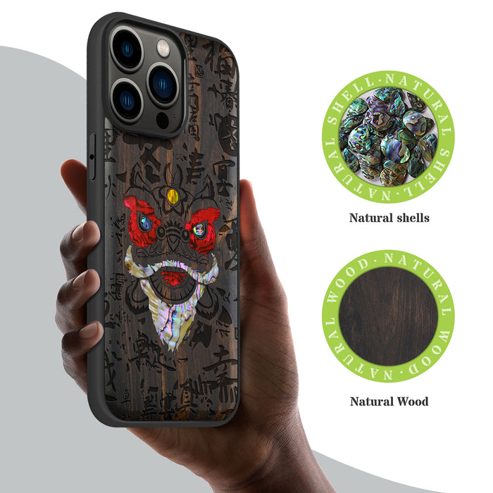 Chinese Lion, Hand-Inlaid Wood & Mother of Pearl Case - Artisanal Cover for Apple iPhone