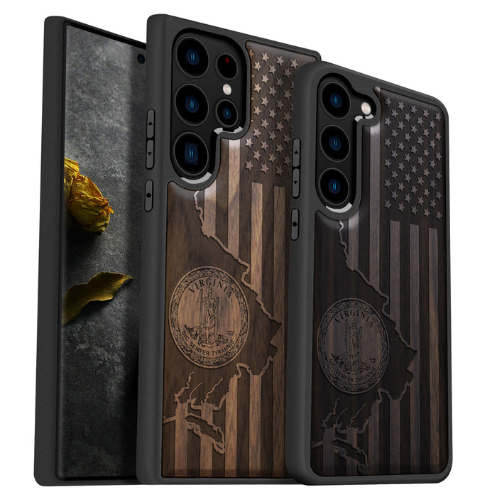 Virginia and Star Flag, Classic Engraved Wood & TPU Case - Artisanal Cover for Samsung Galaxy