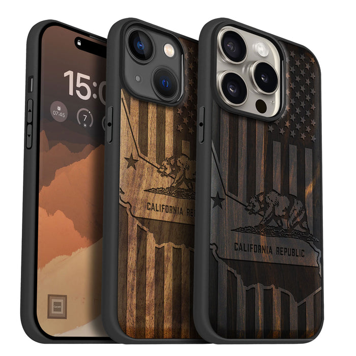 California's Emblematic Tribute, Classic Engraved Wood & TPU Case - Artisanal Cover for Apple iPhone