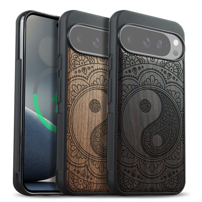 Yin Mandala, Classic Engraved Wood & TPU Case - Artisanal Cover for Google Pixel