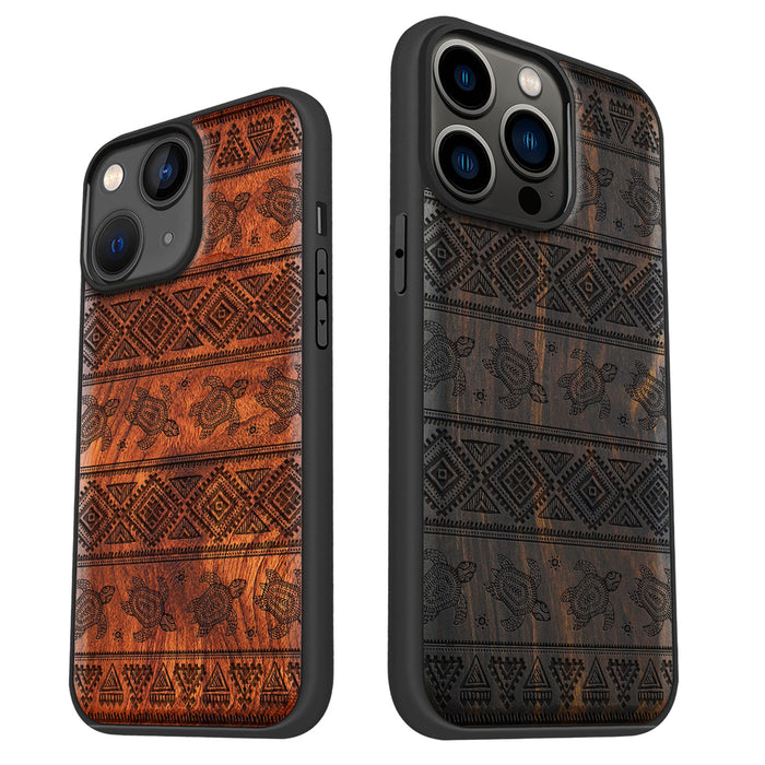 The Aztec Sea Turtle, Classic Engraved Wood & TPU Case - Artisanal Cover for Apple iPhone