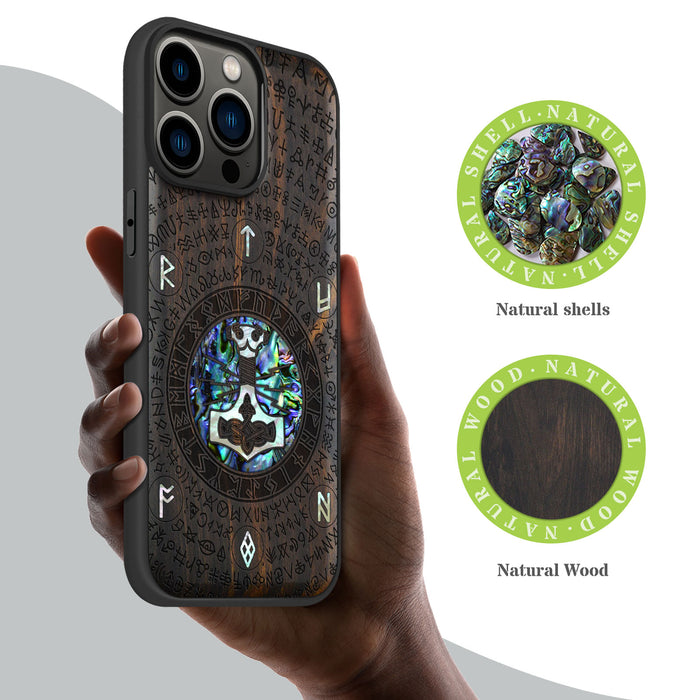 Mjölnir and the Runes, Hand-Inlaid Wood & Mother of Pearl Case - Artisanal Cover for Apple iPhone