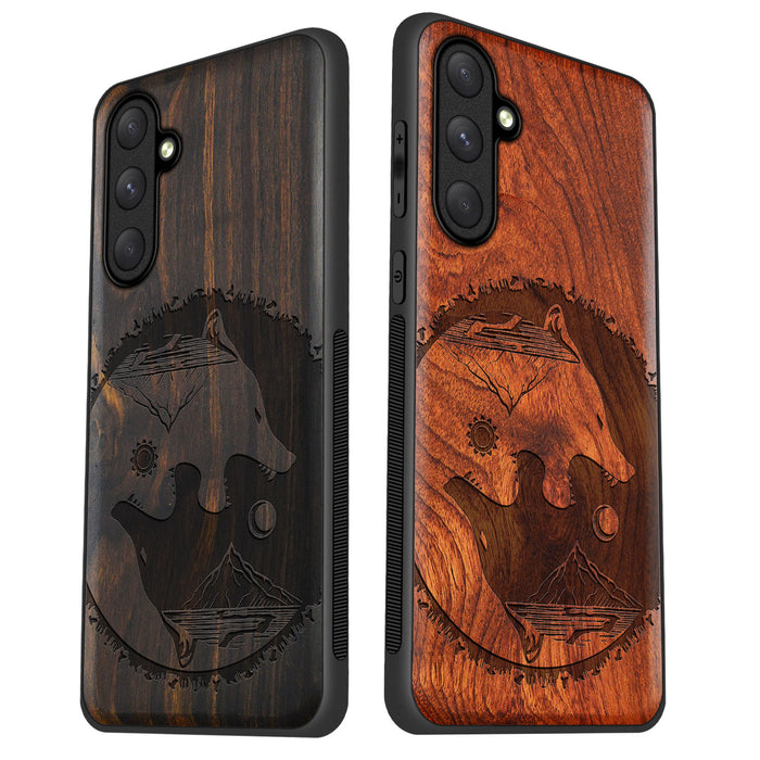 Yin-Yang Wolf, Classic Engraved Wood & TPU Case - Artisanal Cover for Samsung Galaxy