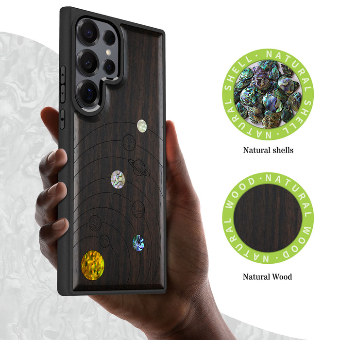 A Minimalist Line Work of Nine Planets, Hand-Inlaid Wood & Mother of Pearl Case - Artisanal Cover for Samsung Galaxy