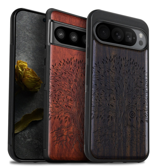 The Line Art Tree of Life, Classic Engraved Wood & TPU Case - Artisanal Cover for Google Pixel