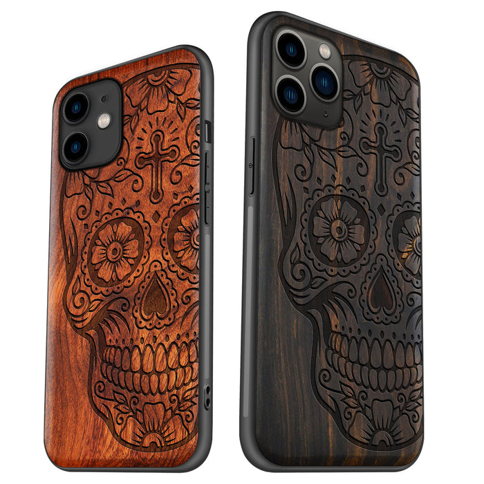 The Dia de los Muertos Sugar Skull, Classic Engraved Wood & TPU Case - Artisanal Cover for Apple iPhone