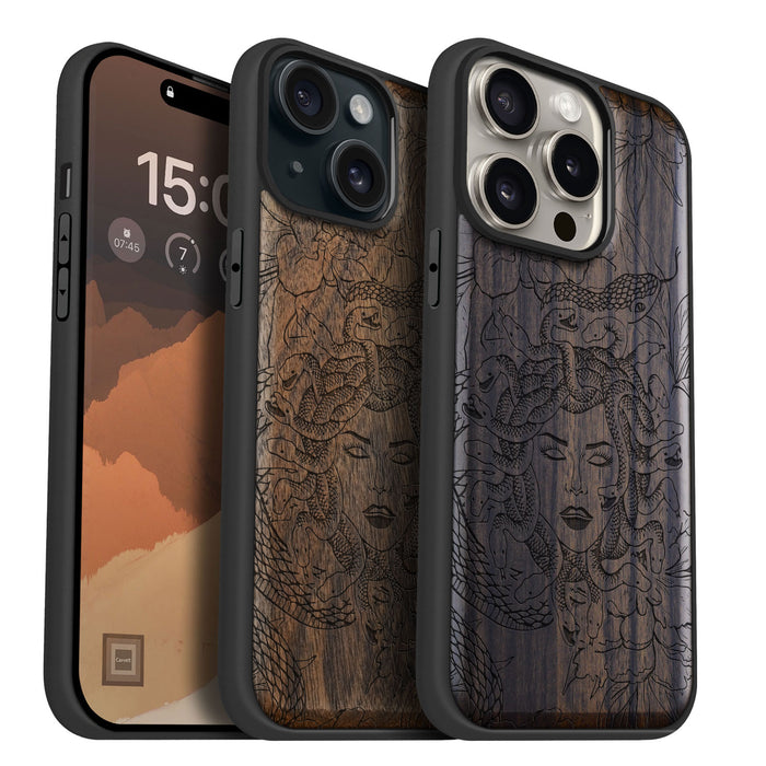 The Medusa Enigma, Classic Engraved Wood & TPU Case - Artisanal Cover for Apple iPhone