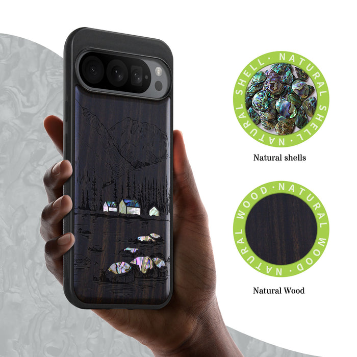 Mountains, Lake, and Village Life, Hand-Inlaid Wood & Mother of Pearl Case - Artisanal Cover for Google Pixel