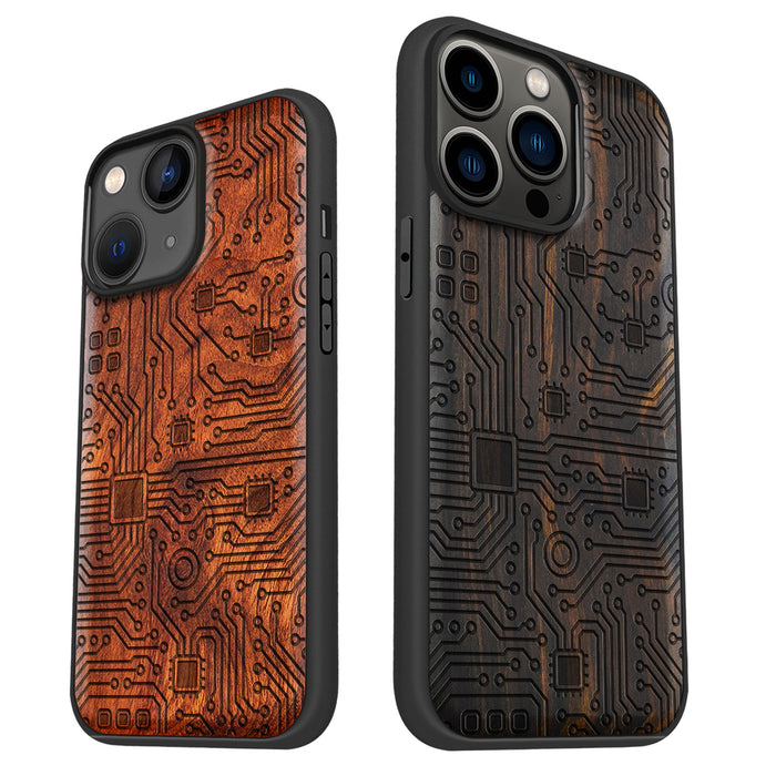 Abstract Motherboard Linework Art, Classic Engraved Wood & TPU Case - Artisanal Cover for Apple iPhone