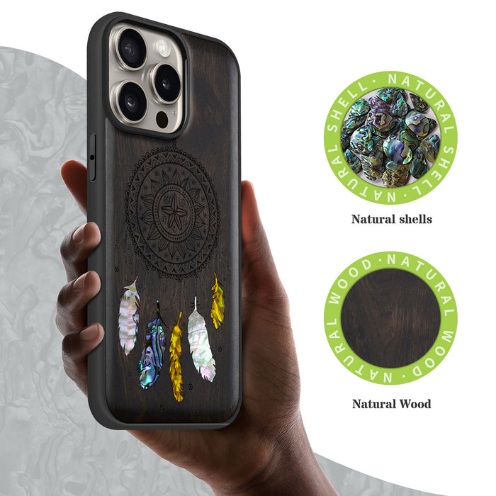 Dreamcatcher's Embrace, Hand-Inlaid Wood & Mother of Pearl Case - Artisanal Cover for Apple iPhone