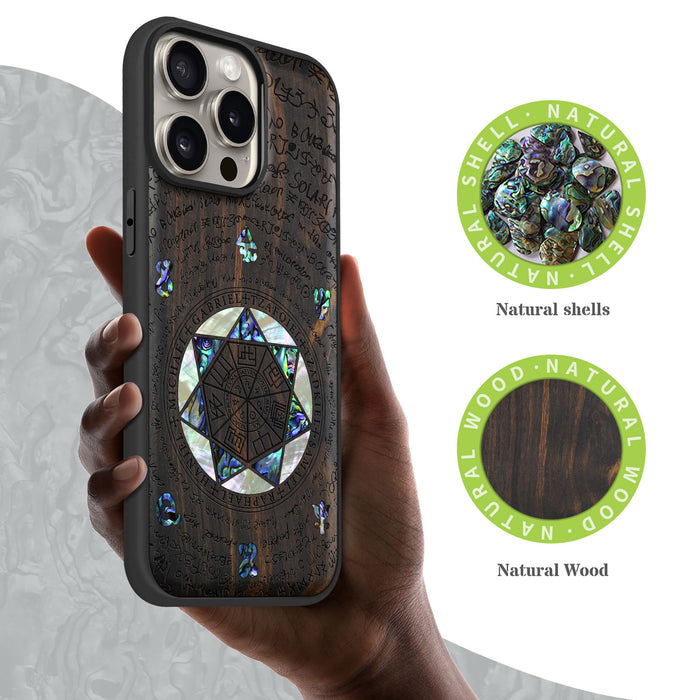 The Sacred Seals, Hand-Inlaid Wood & Mother of Pearl Case - Artisanal Cover for Apple iPhone