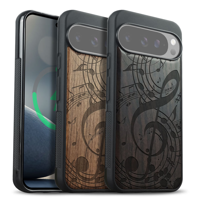 Music Notes, Classic Engraved Wood & TPU Case - Artisanal Cover for Google Pixel