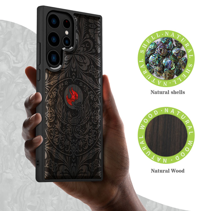 Phoenix in Symmetry, Hand-Inlaid Wood & Mother of Pearl Case - Artisanal Cover for Samsung Galaxy