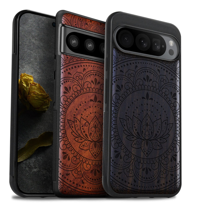 Lotus Mandala Essence, Classic Engraved Wood & TPU Case - Artisanal Cover for Google Pixel