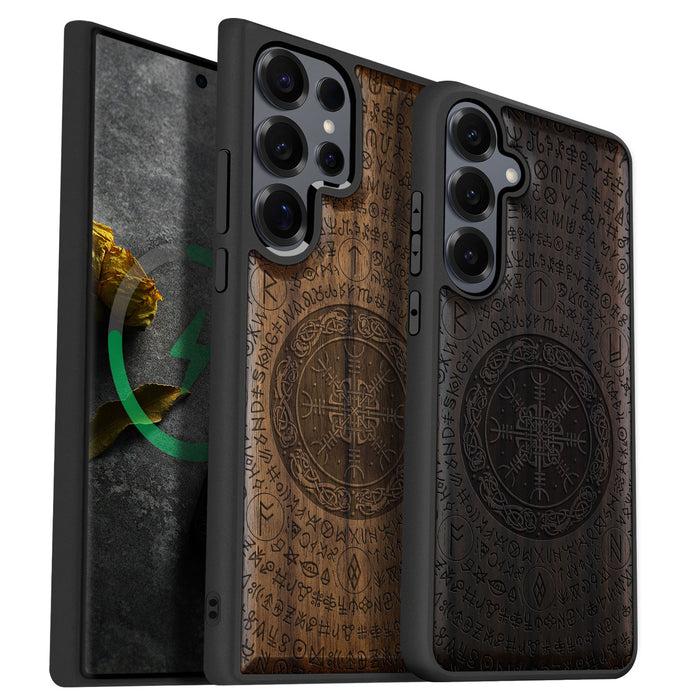 The Shield of Dragons and Awe, Classic Engraved Wood & TPU Case - Artisanal Cover for Samsung Galaxy