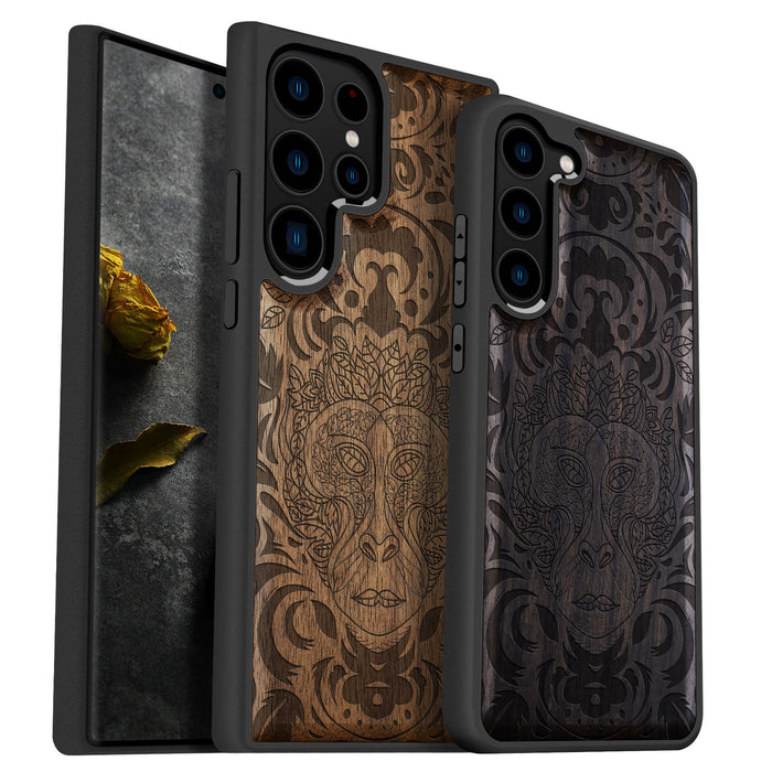 The Leafy Visage, Classic Engraved Wood & TPU Case - Artisanal Cover for Samsung Galaxy