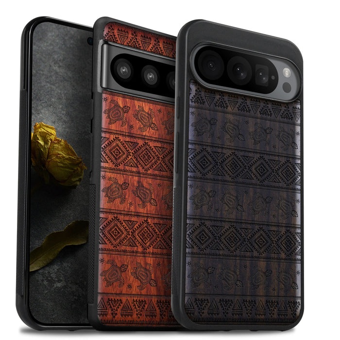 The Aztec Sea Turtle, Classic Engraved Wood & TPU Case - Artisanal Cover for Google Pixel