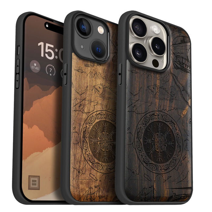 Viking Shield Amidst Maritime Treasures, Classic Engraved Wood & TPU Case - Artisanal Cover for Apple iPhone