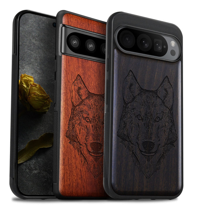 Realistic Wolf Linework Art, Classic Engraved Wood & TPU Case - Artisanal Cover for Google Pixel