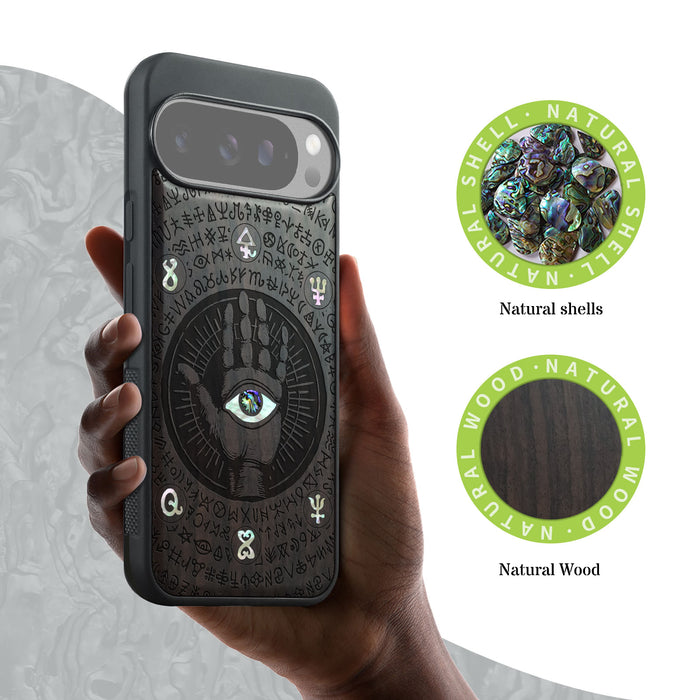 The Enigmatic Eye, Hand-Inlaid Wood & Mother of Pearl Case - Artisanal Cover for Google Pixel