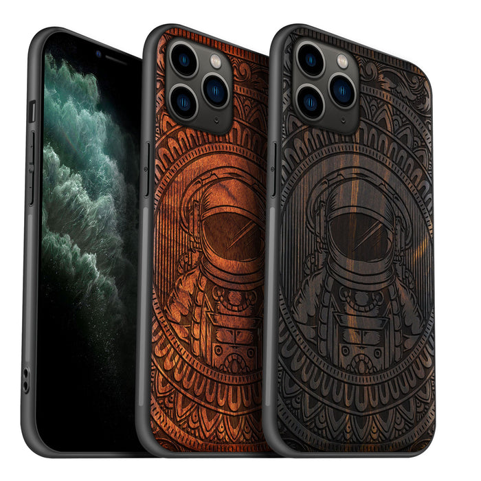 Astronaut in Mandalic Embrace, Classic Engraved Wood & TPU Case - Artisanal Cover for Apple iPhone