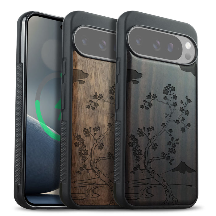 Mount Fuji and the Ocean Through Cherry Blossom, Classic Engraved Wood & TPU Case - Artisanal Cover for Google Pixel