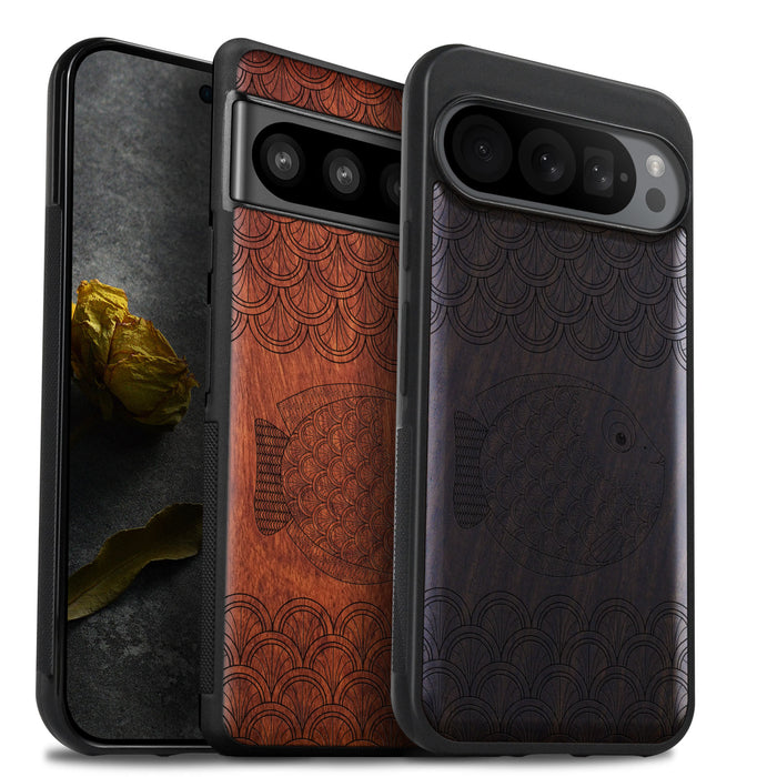 Delicate Doodles of the Deep, Classic Engraved Wood & TPU Case - Artisanal Cover for Google Pixel