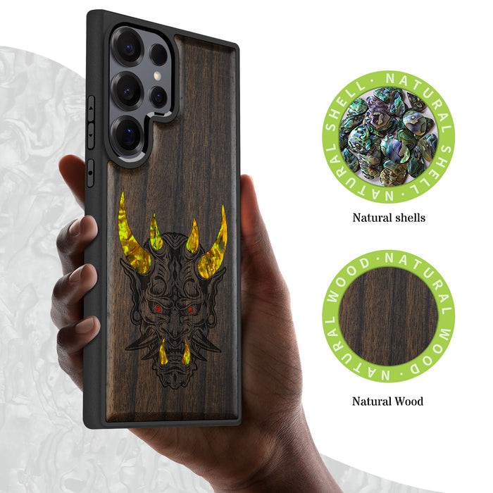 The Art of the Japanese Oni Mask, Hand-Inlaid Wood & Mother of Pearl Case - Artisanal Cover for Samsung Galaxy