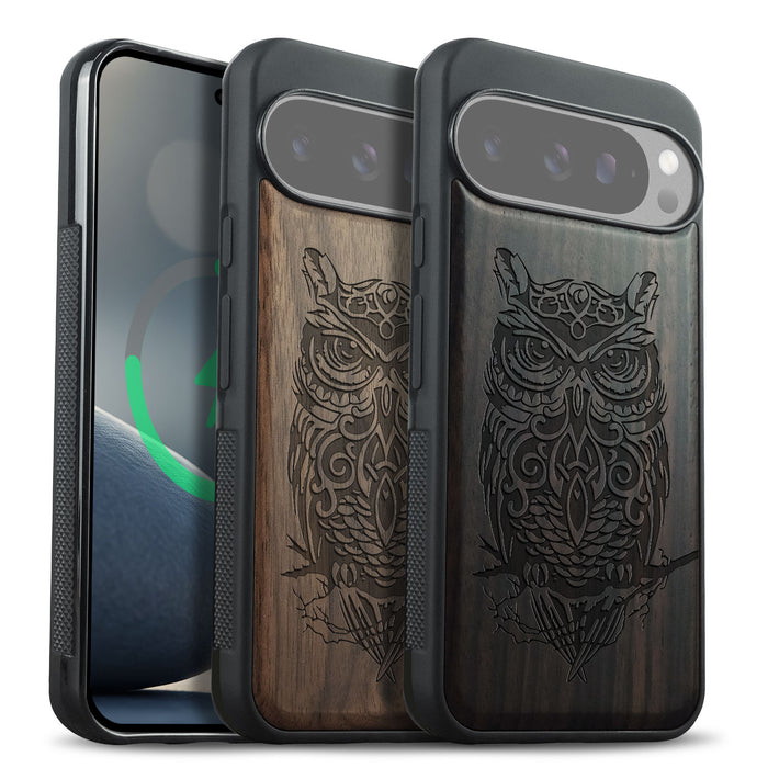 An Owl Perched on a Branch, Classic Engraved Wood & TPU Case - Artisanal Cover for Google Pixel